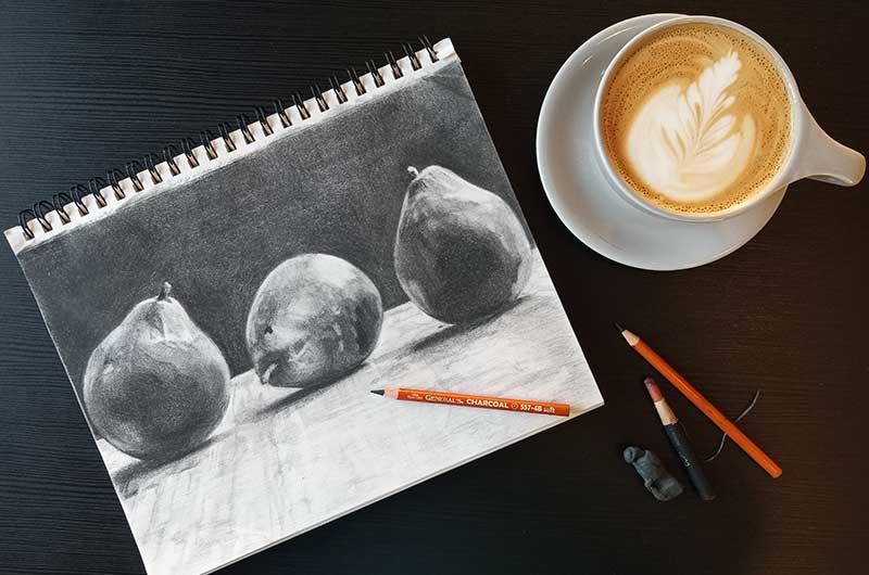 drawing realistic pears in the coffee shop
