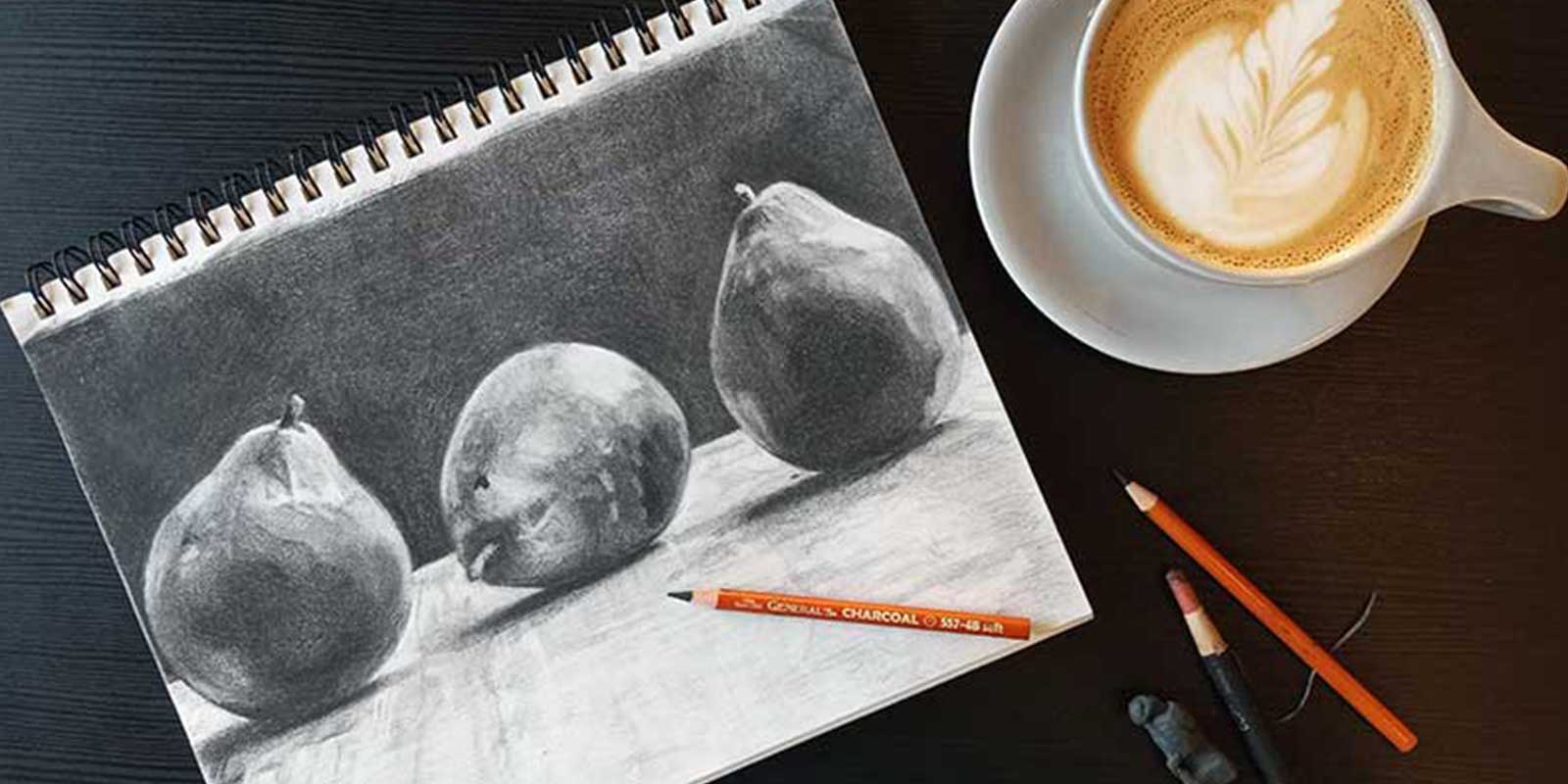 drawing realistic pears in the coffee shop